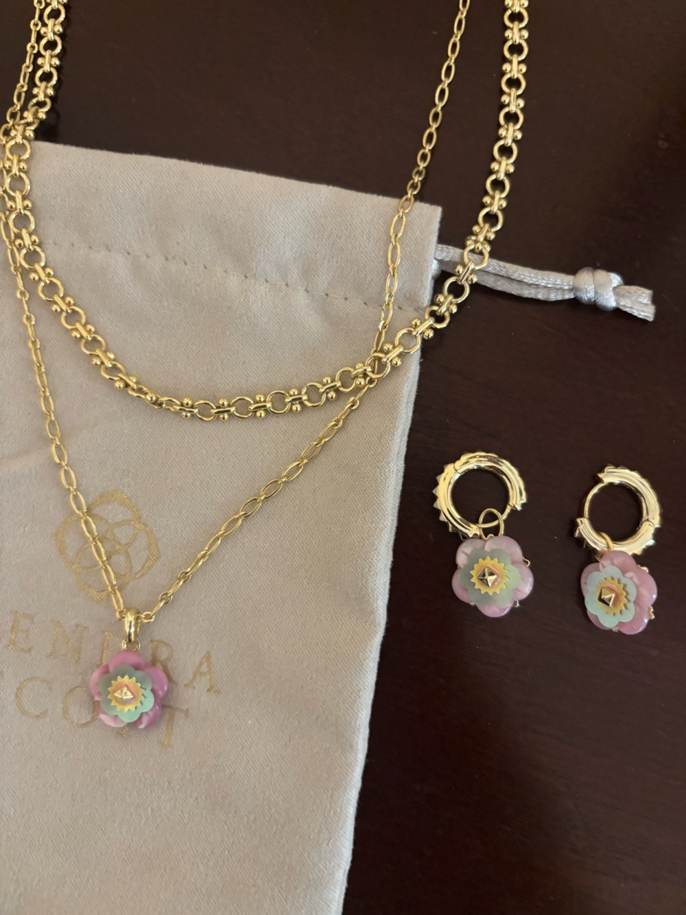 Gold-Tone Floral Drop Earrings and Pendant Necklace - Pink/Green Accent